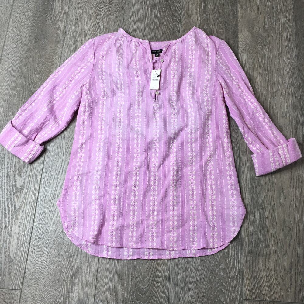 NWT Talbots White Floral Embroidered Long Sleeve Blouse Lavender Lilac XS